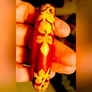 Bracelet, wood, hand painted, red and yellow